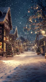 Snowy Christmas village street glows with festive lights.