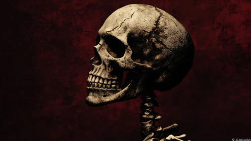 Side profile digital skull on textured dark red ground.