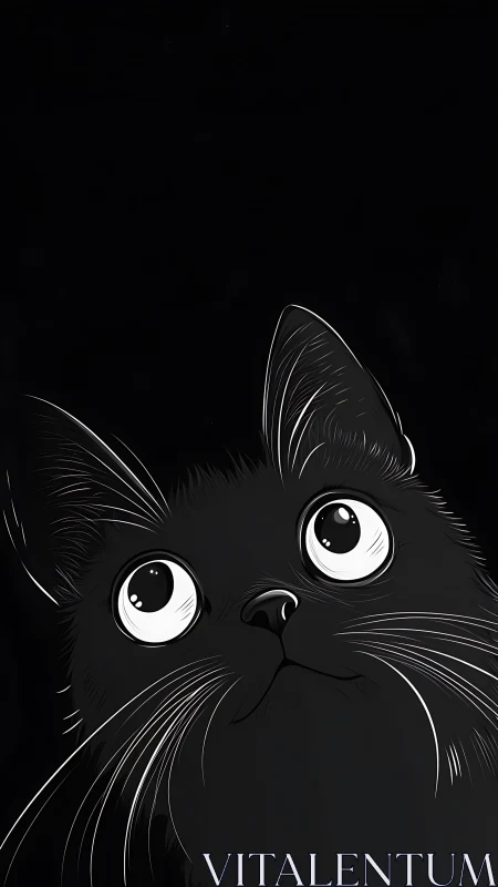 Black cat head with wide eyes rendered in monochromatic line art style.