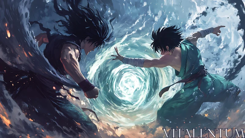 Dynamic anime duel around swirling elemental vortex.