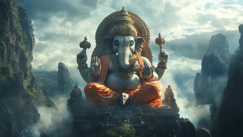 Monumental Ganesha statue amid misty mountain temples.