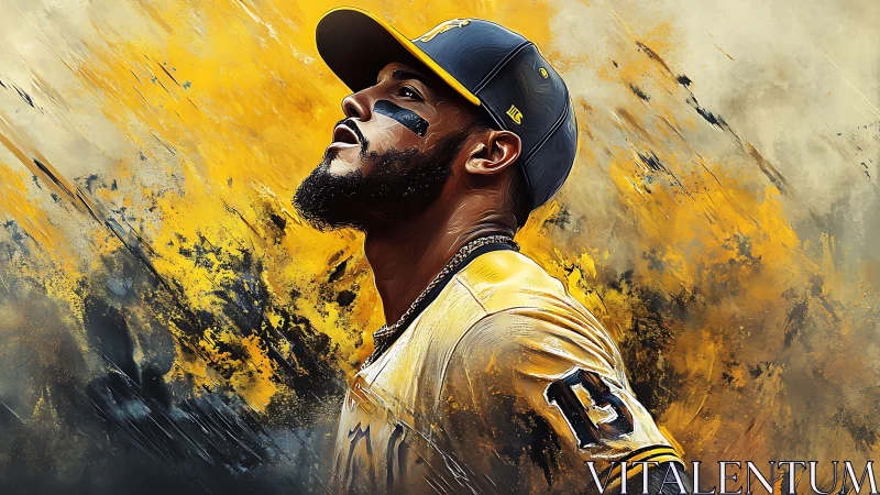 Baseball player portrait rises from bold yellow paint storm