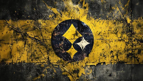 Worn yellow banner with bold abstract emblem shining through.