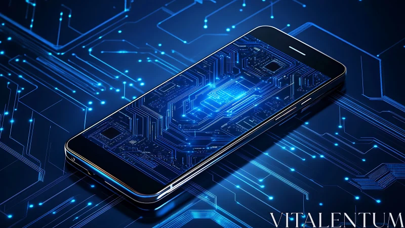 Smartphone lies on illuminated blue digital circuit board