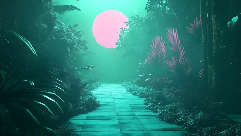 Neon lunar jungle corridor under volumetric turquoise haze.