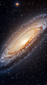 Oblique spiral galaxy disk with luminous bulge and starfield.