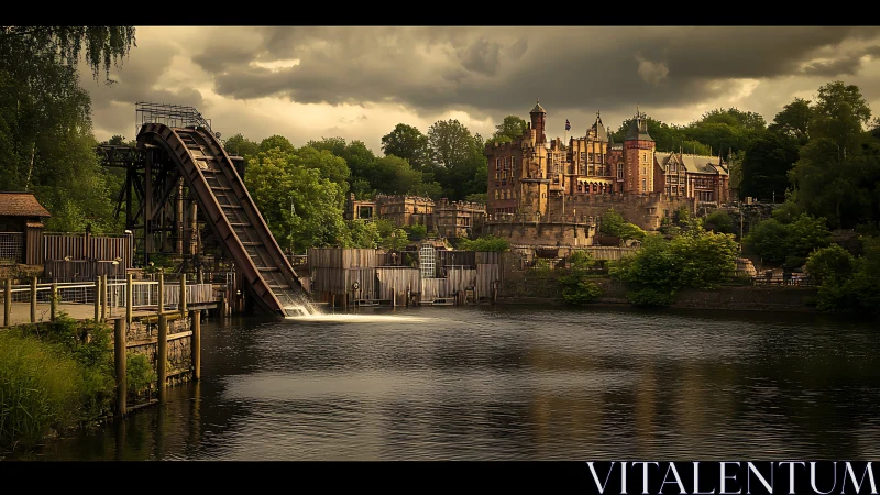 Victorian castle overlooks moody lake and old water ride.