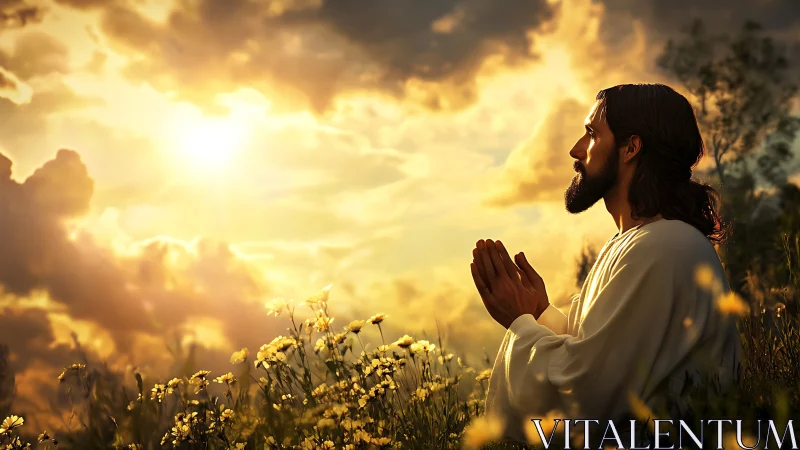 Man with long hair prays in sunlit meadow at golden hour