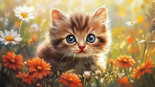 Fluffy Kitten in a Sunlit Wildflower Garden.