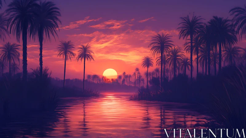 Tropical river sunset with vivid purple orange sky.
