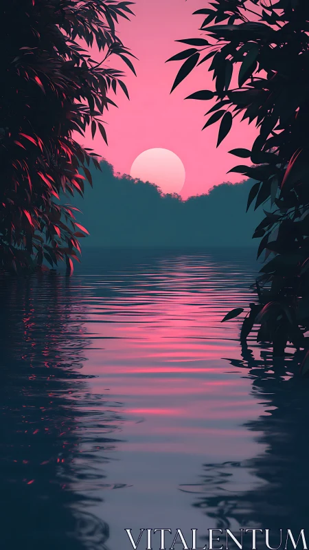 Dreamy pink sunset lagoon framed by quiet jungle leaves.