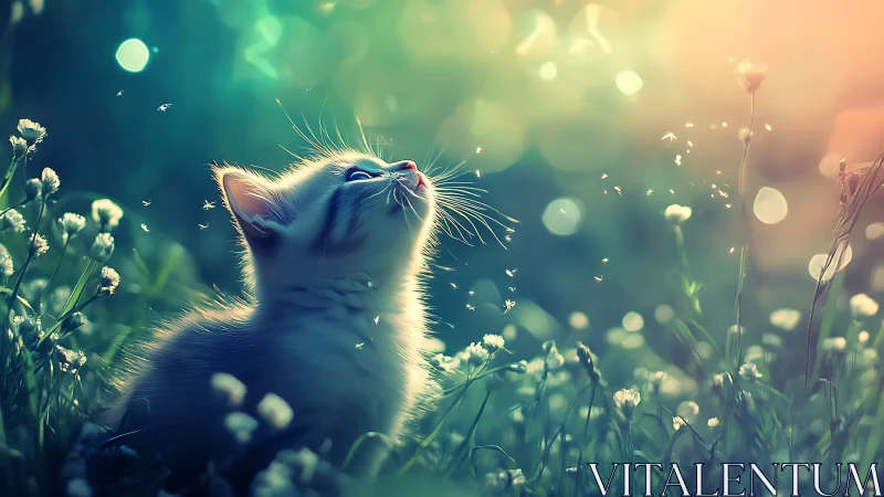 Ethereal Kitten Gazing Skyward Through Flowering Meadow.