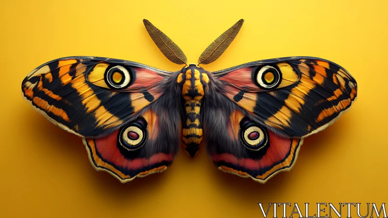 Colorful moth displayed in sharp focus on yellow background