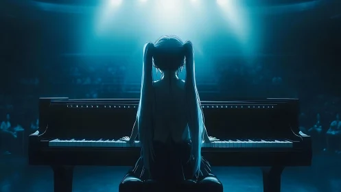 Twin-tailed pianist steals the spotlight in cyan hush