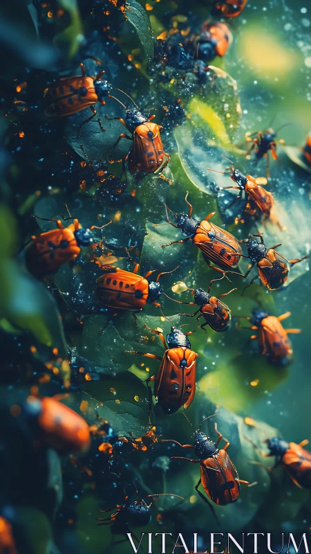 Macro swarm of orange leaf beetles on wet green foliage