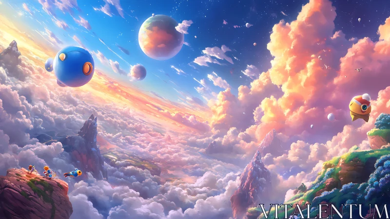 Floating orbs above cloudscape with distant planets visible.