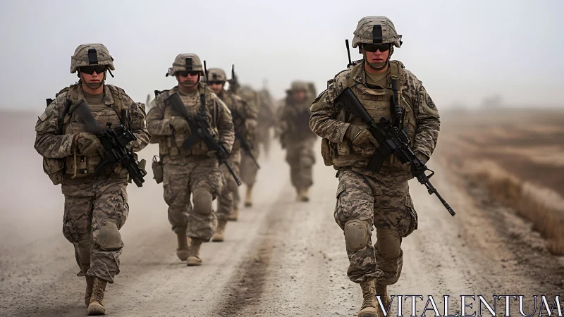 Modern soldiers on patrol along dusty unpaved road.