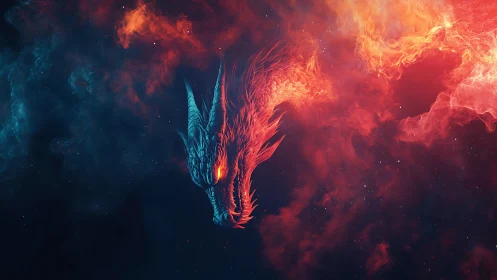 Fiery cosmic dragon emerges from swirling nebula clouds