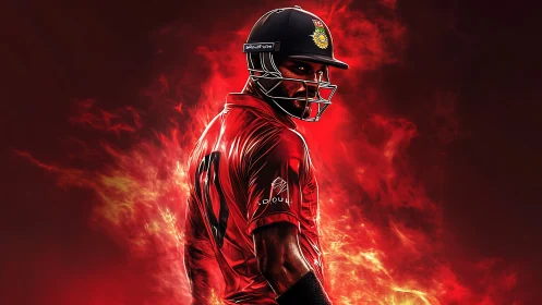 Digital painting of cricket batsman in fiery red backlighting.