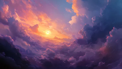 Layered cloudscape with central sun at transitional light period.