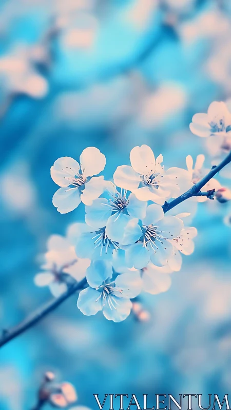 Delicate white blossoms branch against soft blue bokeh.