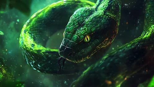 Jungle ember serpent coiled in luminous emerald shadow.