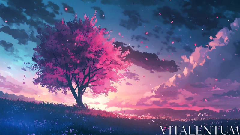 Chromatic twilight cherry tree in atmospheric perspective field.