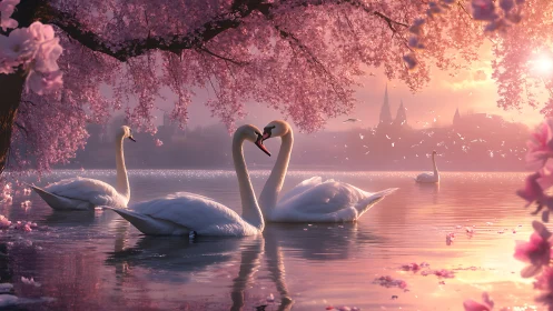 Two swans forming heart shape in pink cherry blossom lake