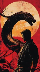 Sun-scorched warrior confronts coiled serpent under blood moon.