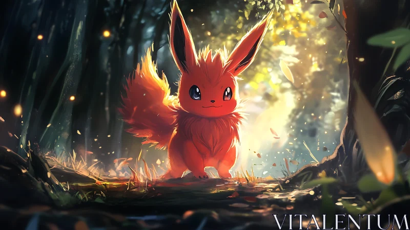 Red fox-like creature in sunlit forest clearing environment.