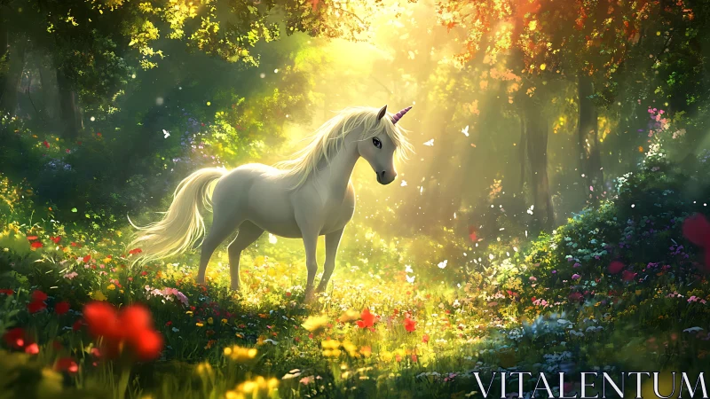 Unicorn stands in sunlit forest clearing amid wildflowers