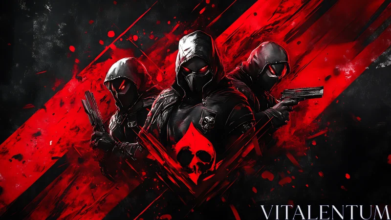 Hooded tactical trio with weapons on red black abstract field.