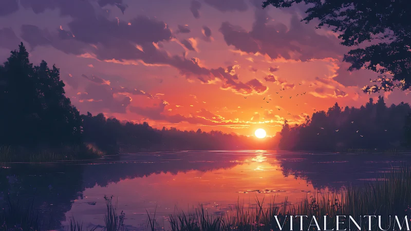 Sunset over calm forest lake with vivid sky reflection.