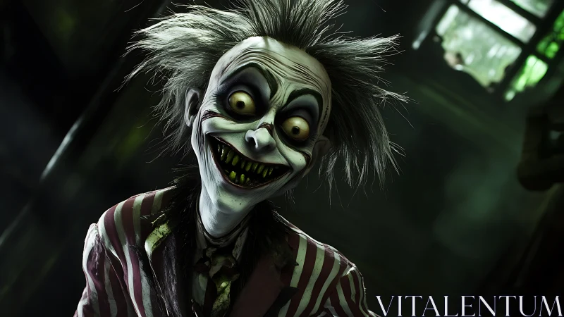 Playfully creepy trickster grinning in a ghostly hallway.