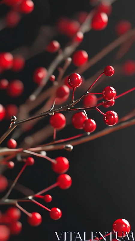 Red berry branches in closeup macro against dark background.
