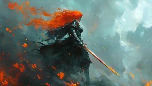 Volcanic-haired knight with emissive blade in storm field.