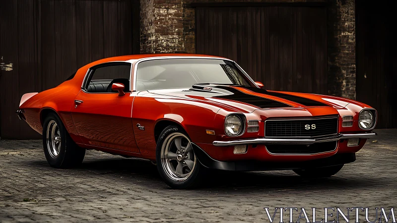 Classic red muscle car glowing with timeless street style.