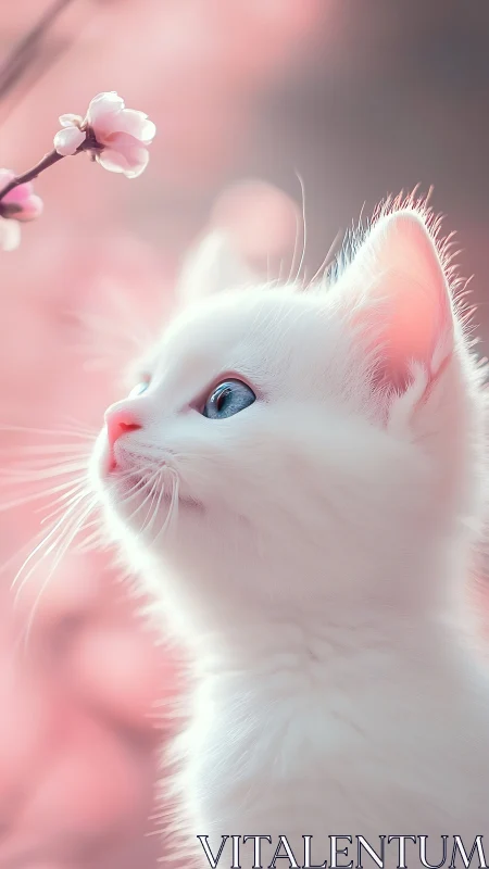 White Cat with Blue Eyes and Cherry Blossoms in Pink Setting.