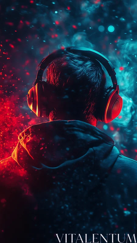 Person wearing headphones stands in glowing red blue haze