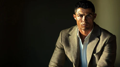 Serious man in tan blazer against dark background.