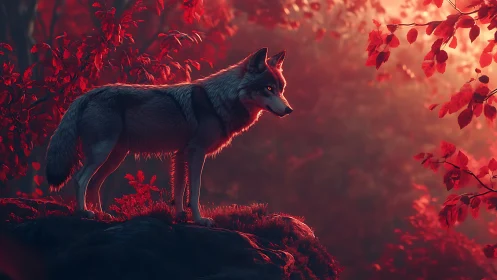 Digital painting of a lone wolf in crimson forest lightscape.