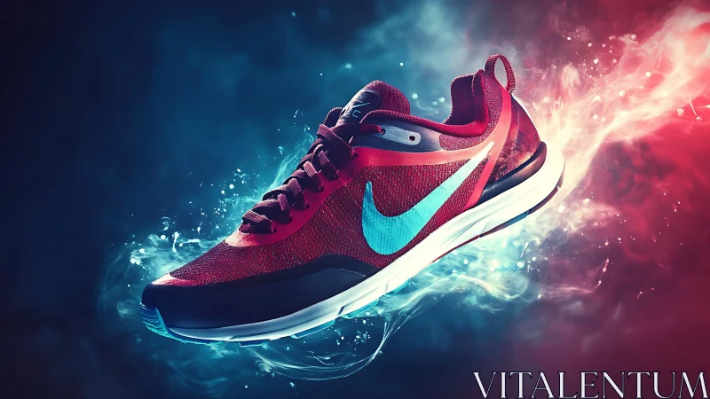 Dynamic red running shoe floats in glowing bicolor smoke