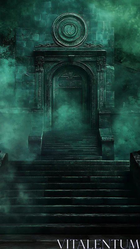 Mystic stone portal with spiral seal in atmospheric perspective.