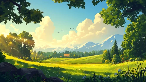 Sunlit alpine meadow frames distant blue mountain range.