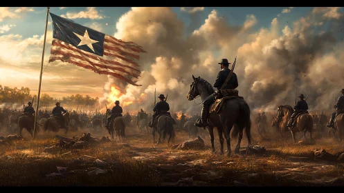 Civil War cavalry column advances under tattered battle flag at dusk