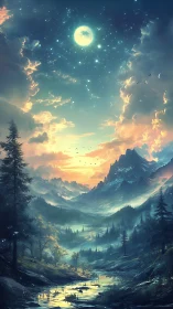 Luminous moonlit valley with alpine river and glowing sky.