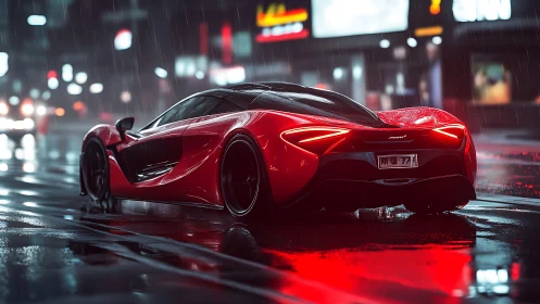 Crimson hypercar carves neon reflections through the rainy city