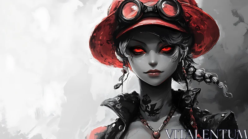 Red-eyed rebel girl dominates monochrome digital portrait.