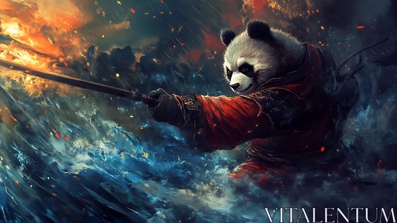 Storm-swept warrior panda stands firm with a blazing staff