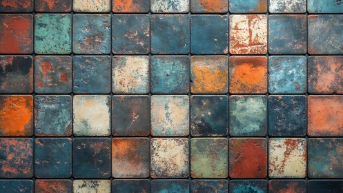 Vintage multicolor ceramic tiles with rustic textured finish.